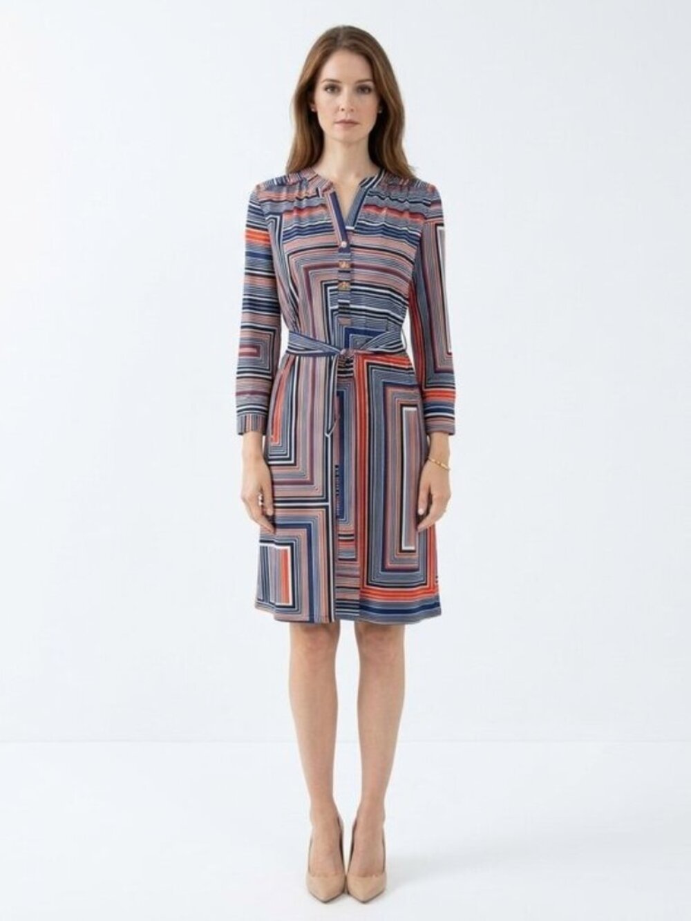 Trina Turk Dress Belted Popover Striped  Navy & Orange 6